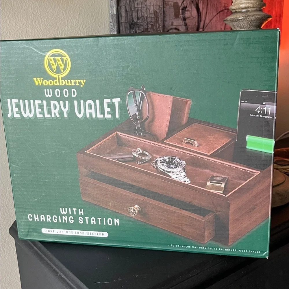 Wooden Jewelry Organizer NEW Multiple Compartments Charging Station